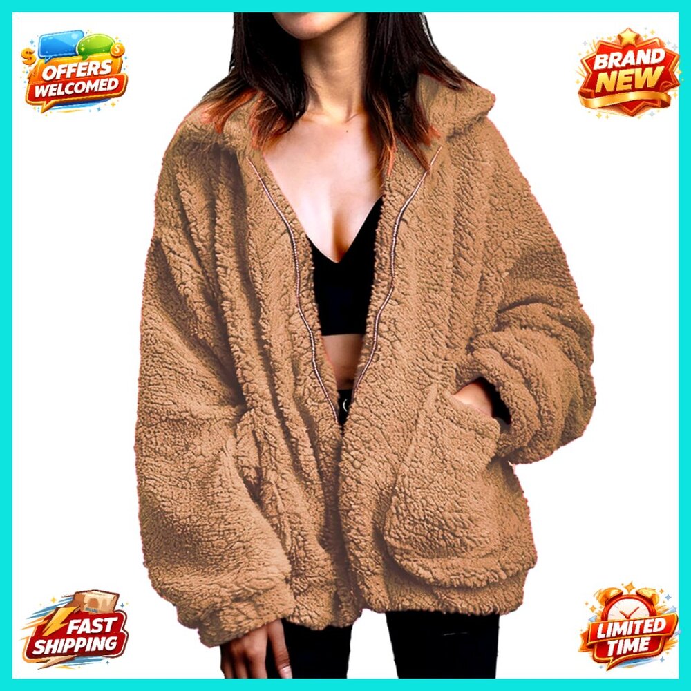 Faux Shearling Oversized Jacket Chic Winter Coat Casual Zipper Outwear